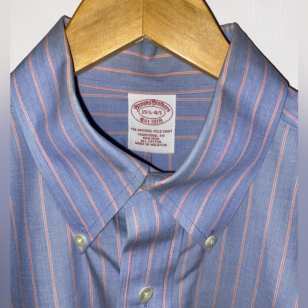 Brooks Brothers Blue Shirt with Red Pinstripes 100% Cotton Men’s Size XL Work